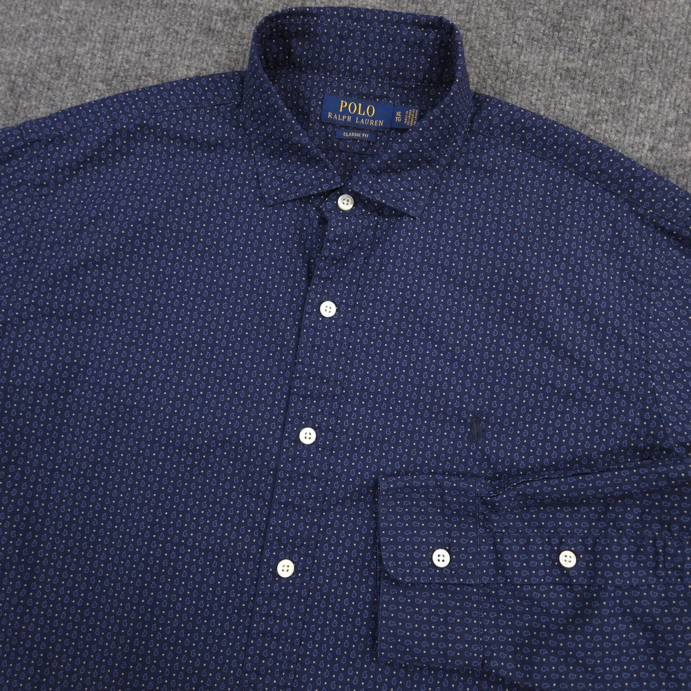 Polo Ralph Lauren Shirt Mens XL Navy Blue Paisley AOP Classic Fit Long Sleeve